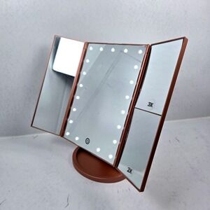 Deweisn Tri-Fold Vanity Makeup Mirror Pedestal with 21 LED Lights - Rose Gold